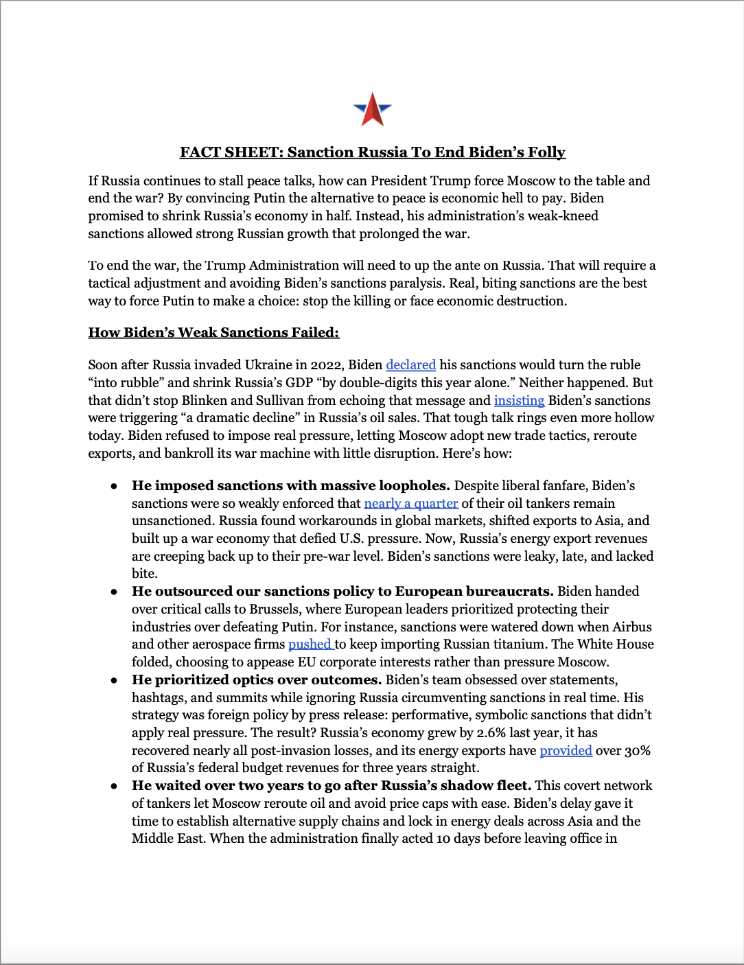 FACT SHEET: Sanction Russia To End Biden’s Folly Preview Image